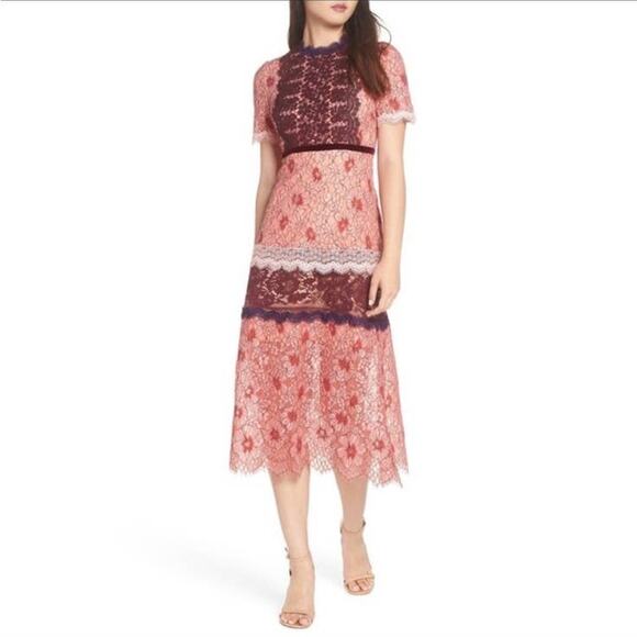 Foxiedox Sadie Dress Lace Midi Short Sleeve Floral 2 Pink Burgundy - Picture 7 of 12